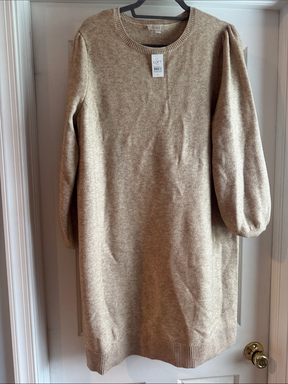 New With Tags LOFT Beige Crewneck Puff-Sleeve Sweater Dress Size XL